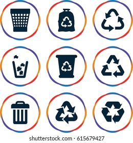 Conservation icons set. set of 9 conservation filled icons such as recycle bin, recycle, trash bag