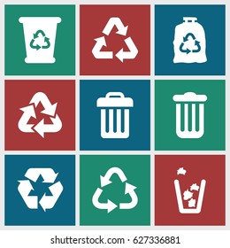 Conservation icons set. set of 9 conservation filled icons such as recycle bin, recycle, trash bag