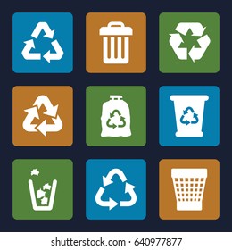 Conservation icons set. set of 9 conservation filled icons such as recycle bin, recycle, trash bag