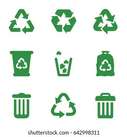 Conservation icons set. set of 9 conservation filled icons such as recycle bin, recycle, trash bag