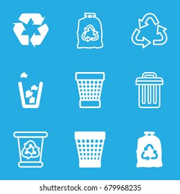 Conservation icons set. set of 9 conservation filled and outline icons such as trash bag, trash bin, recycle