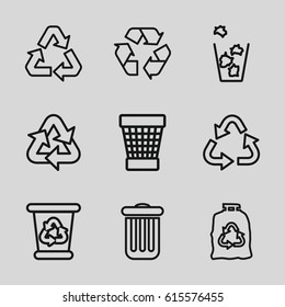 Conservation icons set. set of 9 conservation outline icons such as recycle bin, recycle, trash bag