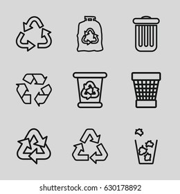 Conservation icons set. set of 9 conservation outline icons such as recycle bin, recycle, trash bag