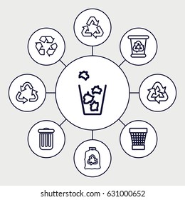 Conservation icons set. set of 9 conservation outline icons such as recycle bin, recycle, trash bag