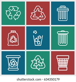 Conservation icons set. set of 9 conservation outline icons such as recycle bin, trash bag, trash bin