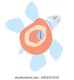 Conservation illustration. Care for animal conservation, water conservation, clean oceans, Earth, and coexist. Turtle vector with the text Care in a water drop. For wildlife action. Saving Earth Day.