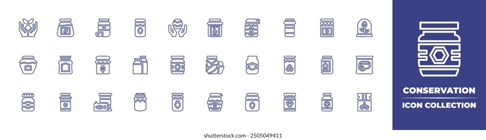 Conservation line icon collection. Editable stroke. Vector illustration. Containing sprout, ocean, conserve, cannedfood, jam, pickles, jamjar, honey, marmalade, babyfood, honeyjar, jar.