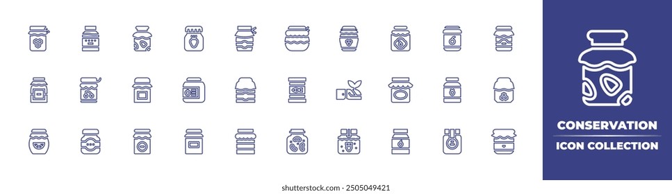 Conservation line icon collection. Editable stroke. Vector illustration. Containing conserve, jam, honey, cannedfood, jams, sprout, food, thanksgivingjam, honeyjar, marmalade, pickles, jar.