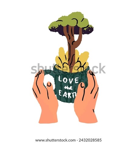 Conservation of nature concept. Protection of environment. Eco friendly people save earth flora, global ecology. Hands hold cup with forest, tree. Flat isolated drawing vector illustration on white