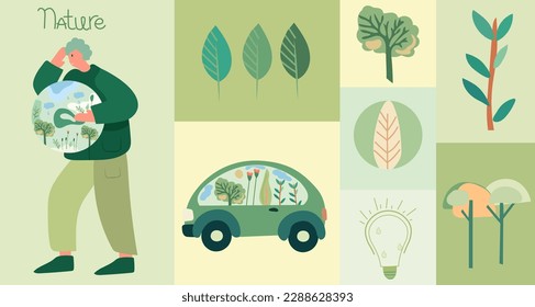 Conservation of the planet. Illustration depicting eco-friendly elements of the environment, with a man holding the Earth in his hands, green car, leaves. Global Warming and Climate Change Concept.