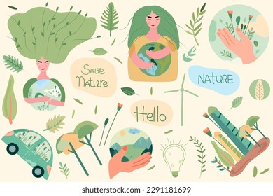 Conservation of the planet. Illustration depicting eco-friendly elements of the environment, with a man holding the Earth in his hands, green car, leaves. Global Warming and Climate Change Concept.