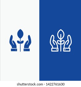 Conservation, Plant, Hand, Energy Line and Glyph Solid icon Blue banner Line and Glyph Solid icon Blue banner