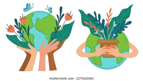 Conservación y preservación de la naturaleza, asistencia a la Tierra Planetaria con desastre ecológico. Acciones ecológicas para salvar al mundo. Globo con follaje y floración. Vector de estilo plano