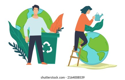 Conservation and protection of nature and care for planet earth. Recycling of waste and trash, organic and biological sustainable energy. Pollution solution of problems. Vector in flat style
