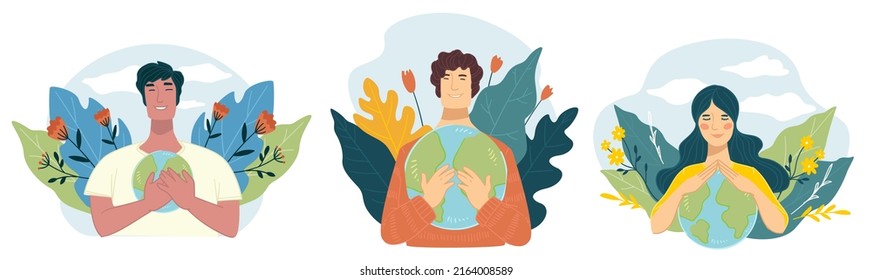 Conservation and protection of nature, people holding planet earth globe in hands covering with hands. Help and assistance for ecology and environment, issues with climate change. Vector in flat style