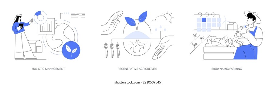 Conservation and rehabilitation farming system abstract concept vector illustration set. Holistic management, regenerative agriculture, biodynamic farming, ecological biodiversity abstract metaphor.