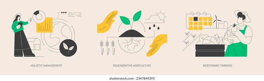 Conservation and rehabilitation farming system abstract concept vector illustration set. Holistic management, regenerative agriculture, biodynamic farming, ecological biodiversity abstract metaphor.