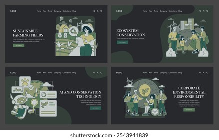 Conservation set. Protection of agricultural areas, natural habitats, use of AI in conservation, and corporate ecological duty. Vector illustration.