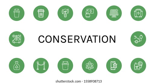 conservation simple icons set. Contains such icons as Bin, Garbage bin, Clean energy, Reuse, Renewable energy, Waste, Garbage, Separator, can be used for web, mobile and logo