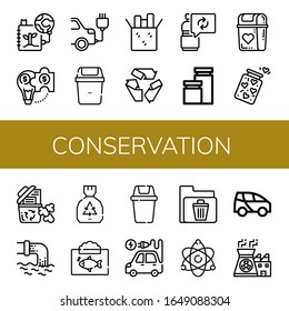 conservation simple icons set. Contains such icons as Save the planet, Hybrid solution, Electric car, Bin, Reuse, Recycle, Jars, Jar, Recycle bin, can be used for web, mobile and logo