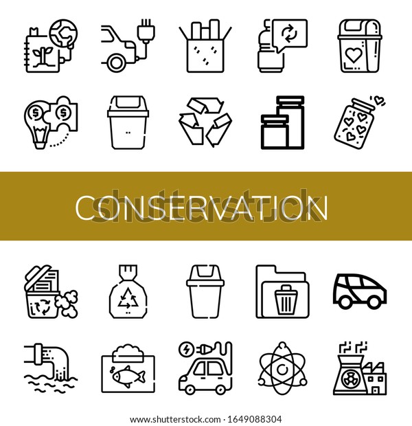 conservation\
simple icons set. Contains such icons as Save the planet, Hybrid\
solution, Electric car, Bin, Reuse, Recycle, Jars, Jar, Recycle\
bin, can be used for web, mobile and\
logo