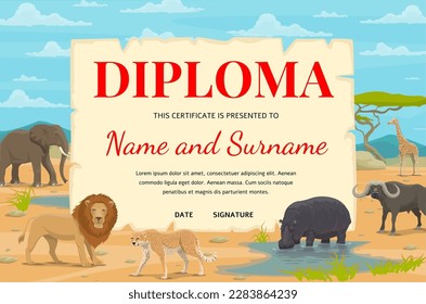 Diploma conservacionista o cazador. Animales de safari africanos en sabana. Certificado de apreciación vectorial con elefante, león, chita o hipopótamo con bisonte o jirafa. Plantilla de marco de premios de la sociedad de caza