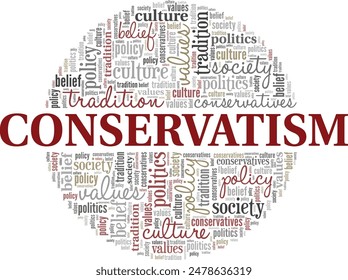 Diseño conceptual de nube de palabras de conservadurismo aislado sobre fondo blanco.