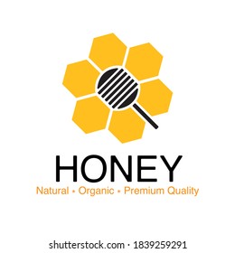 conservative logo design for business, beekeeping farm, honey shop, honey production, wax, shugaring service, honeycomb with a honey dipper, yellow, orange, black symbol in flat style, bottom text