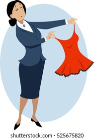 Conservatively dressed woman looking skeptically at a sexy dress or lingerie, EPS 8 vector illustration