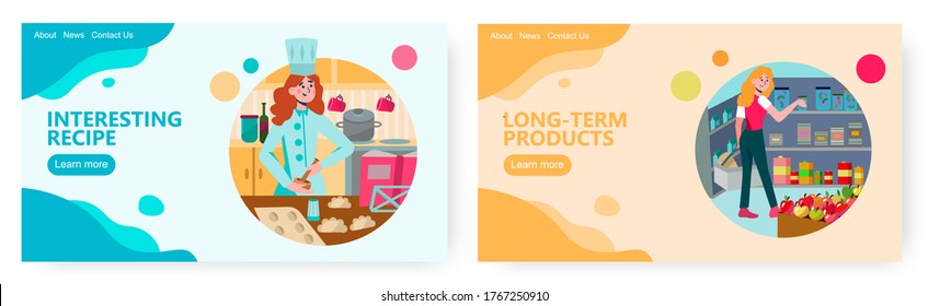 Conserve food storage room. Woman chef cooking pastry products in the kitchen. Concept illustration. Vector web site design template. Landing page website illustration