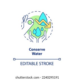 Conserve water concept icon. Reduce consumption. Energy efficiency at home abstract idea thin line illustration. Isolated outline drawing. Editable stroke. Arial, Myriad Pro-Bold fonts used