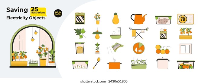 Conserving energy at household 2D linear cartoon objects bundle. Home appliances isolated line vector items white background. Saving on electric bills color flat spot illustration collection