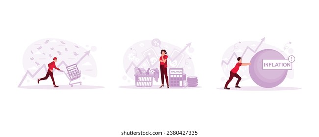 Consider raising interest rates and counting shopping items whose prices continue to rise. Large rock with inflation sign. Inflation concept. set trend modern vector flat illustration