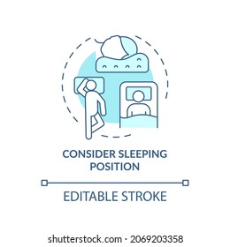 Consider sleeping position blue concept icon. Choosing mattress abstract idea thin line illustration. Spine health. Comfortable bed. Vector isolated outline color drawing. Editable stroke