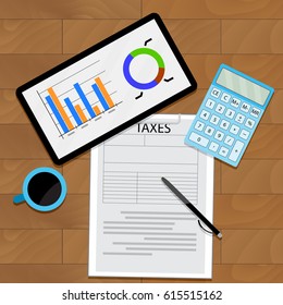 Consider taxes concept. Analytics graph and report infochart, vector illustration