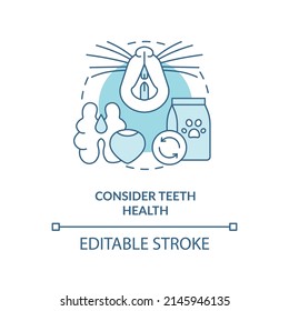 Consideremos el ícono del concepto de turquesa para la salud de los dientes. Cuidar de la ilustración de la delgada línea de la idea abstracta de mascotas mamíferas. Atención dental. Dibujo de contorno aislado. Trazo editable. Fuentes Arial, Myriad Pro-Bold utilizadas