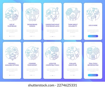 Consideration business tools blue gradient onboarding mobile app screen set. Walkthrough 5 steps graphic instructions with linear concepts. UI, UX, GUI template. Myriad Pro-Bold, Regular fonts used