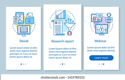 Consideration content onboarding mobile app page screen with linear concepts. Research report, ebook, webinar walkthrough steps graphic instructions. UX, UI, GUI vector template with illustrations