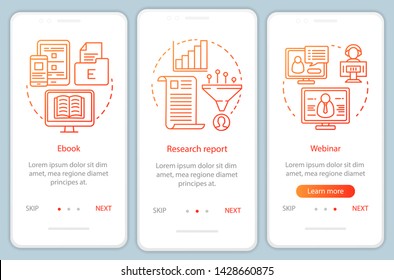 Consideration content orange onboarding mobile app page screen vector template. Research report walkthrough website steps with linear illustrations. UX, UI, GUI smartphone interface concept