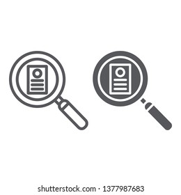 Consideration line and glyph icon, work and recruitment, lens and resume sign, vector graphics, a linear pattern on a white background, eps 10.