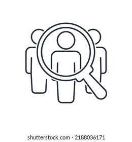  Examen y selección de un candidato. Buscar trabajo vacante.Icono lineal vector aislado en fondo blanco.
