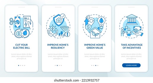Considering green power reasons blue onboarding mobile app screen. Walkthrough 4 steps editable graphic instructions with linear concepts. UI, UX, GUI template. Myriad Pro-Bold, Regular fonts used