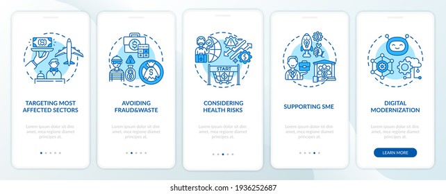 Considering health risks onboarding mobile app page screen with concepts. Targeting most affected sectors walkthrough 5 steps graphic instructions. UI vector template with RGB color illustrations