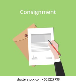 consignment illustration concept a business man hand signing a paper document with flat style