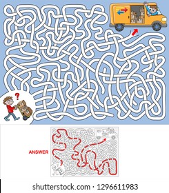 Consignments. Find a correct path to the van. Vector illustration of labyrinth, maze with entry and exit. Only one way is leading to the finish, other paths are dead ends. Labyrinth for kids.