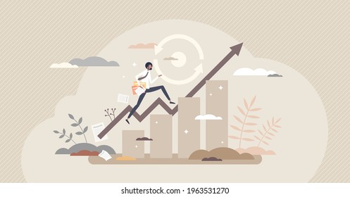 Consistency As Business Growth Or Development Stability Tiny Person Concept. Maintain Upward Movement Or Keep Same Efficiency For Target Ambition Vector Illustration. High Achievement And Aim Forward.