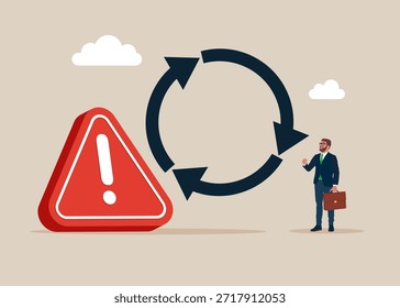 Símbolo de círculo de consistencia con signo de atención de exclamación. Estrategia de negocio poco fiable para entregar repetidamente el trabajo realizado, el desarrollo personal o el crecimiento de la carrera. Problema. Ilustración plana de Vector