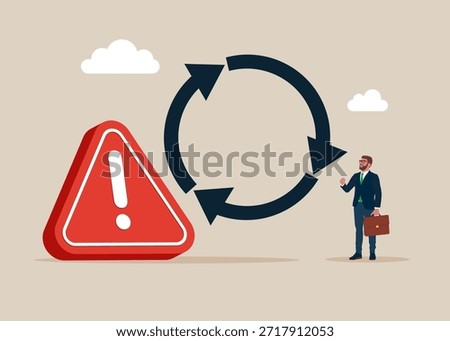 Consistency circle symbol with exclamation attention sign. Unreliable business strategy to repeatedly deliver work done, personal development or career growth. Problem. Vector flat illustration