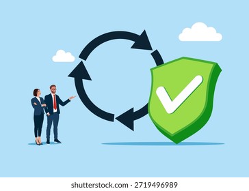 Símbolo de círculo de consistencia con marca de verificación verde. Estrategia de negocio para entregar repetidamente el trabajo realizado, el desarrollo personal o el crecimiento de la carrera. Ilustración plana de Vector