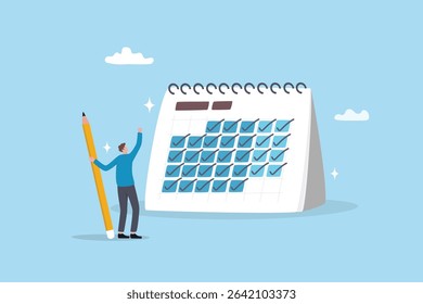 Consistency, discipline or calendar planning productivity, task organize, routine or deadline, complete checklist reminder or progress concept, businessman holding pencil tick every day on calendar.